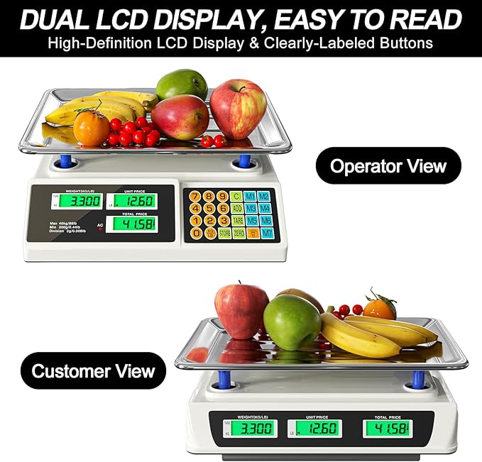 Price Computing Scale 88lb/40kg LCD Digital Commercial Price Scale with Stainless Steel Platform,Produce Scale & Food Scale for Farmers Market, Retail Outlets, Meat Shop (Tray)