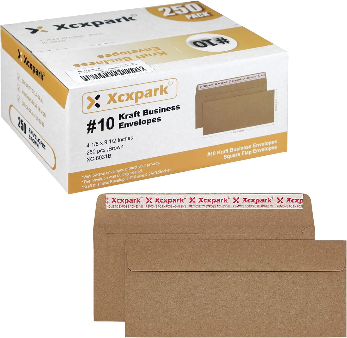 250 PCS Brown Self Seal Kraft 4-1/8 x 9-1/2 Inches Security Envelopes, Windowless, Invisible, Super Strong Quick Seal, Security Tint Pattern Secure