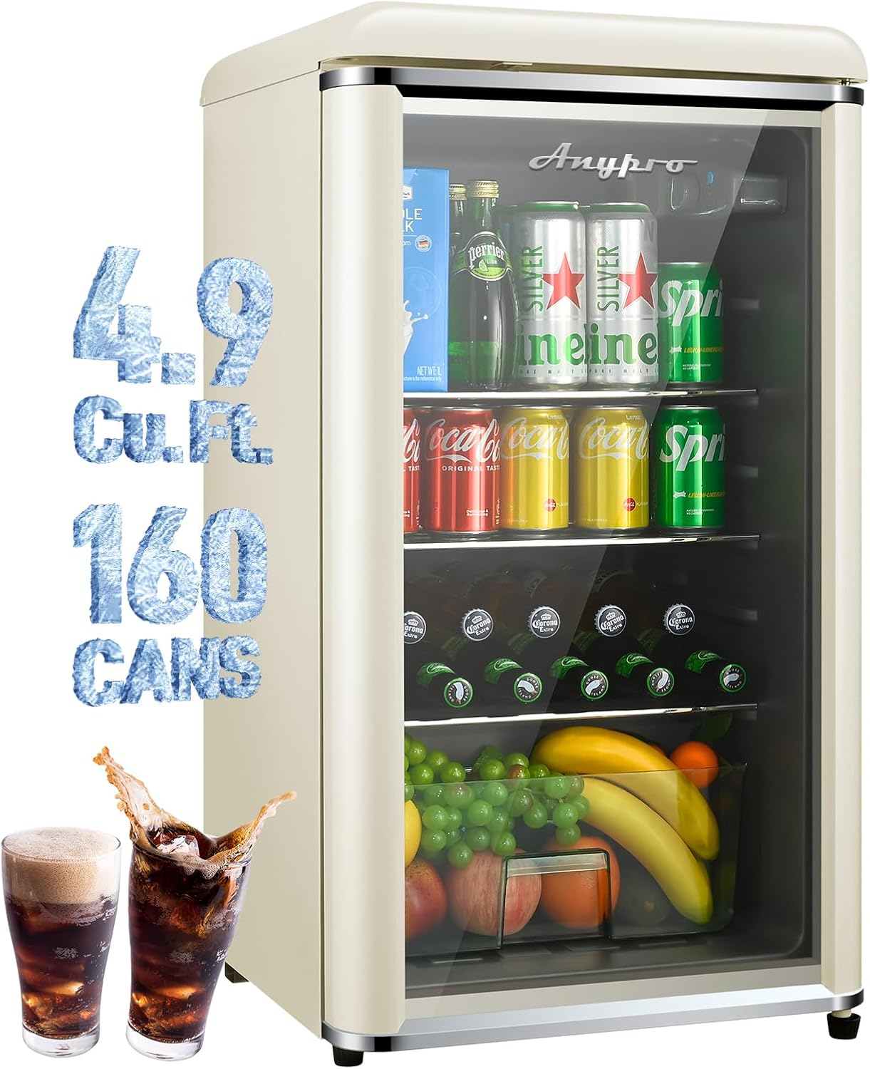 Small Beverage Refrigerator Cooler, 4.9 Cu.Ft Retro Mini fridge with Double Tempered Glass Door, 160 Can Wine Drink Beer Fridge for Office Bedroom Bar, 7 Temperatures and Adjustable Shelves