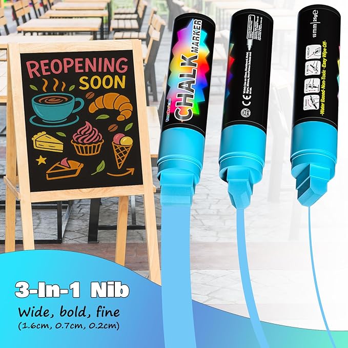 FansArriche Jumbo Window Markers, 3 Pack 15mm Neon Chalk Pens, Liquid Chalk Bright Car Marker, Chalkboard Markers for Windows, Blackboard, Glass, Signs, 3-in-1 Nib