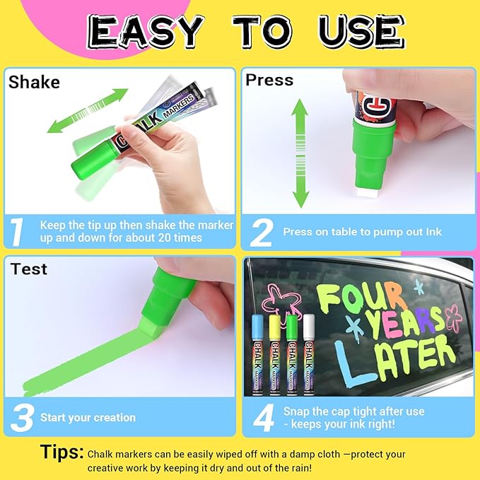 Jumbo Chalk Window Markers for Cars Glass Washable: 8 Colors Liquid Chalk Markers Pen with 10mm Wide Tip, Chalkboard Marker, Window Paint Marker for Car Window, Blackboard, Auto Windshield Decorations