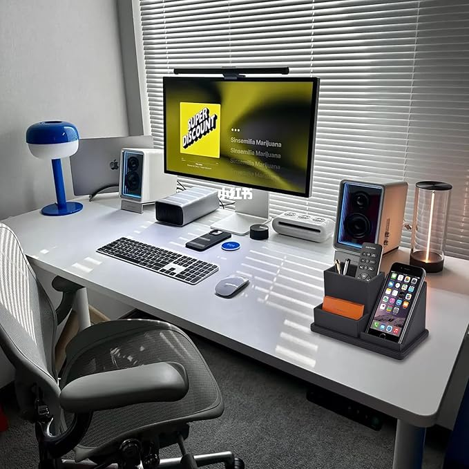 Pu Leather Desk Pen/Pencil Organizer Multi-Function Cell Phone/Remote Control Storage Box with 3 Compartments Office Supplies Sticky Note Tray Business Cards Holder,Black