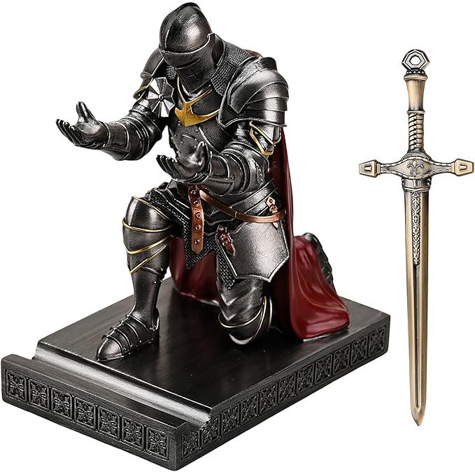 Medieval Armored Warrior Wearing Outerwear, Mobile Phone Stand Knight Pen Holder Desk Organizers, Resin Bookends Paperweight with a Letter Opener for Desk (Iron)