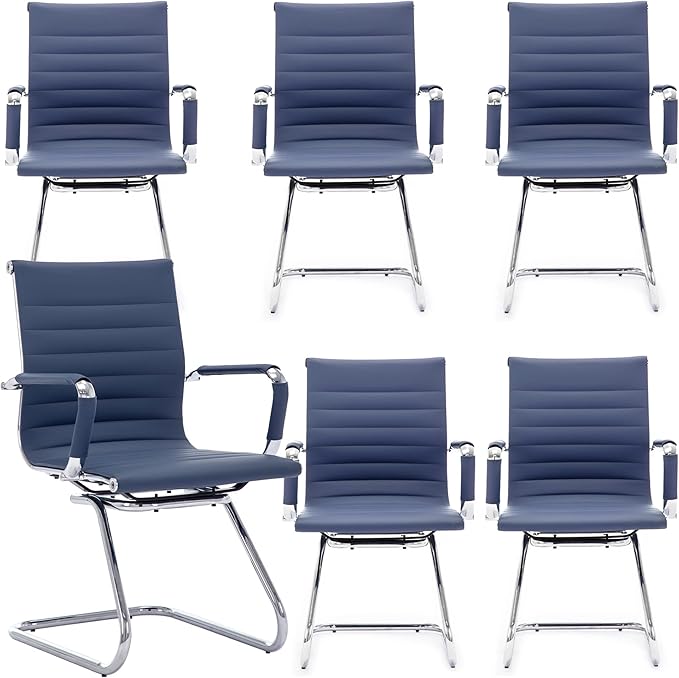 Office Desk Chair No Wheels Set of 6 PU Leather Computer Chairs Mid Back Guest Chairs for School Reception Conference Waiting Room, Navy Blue