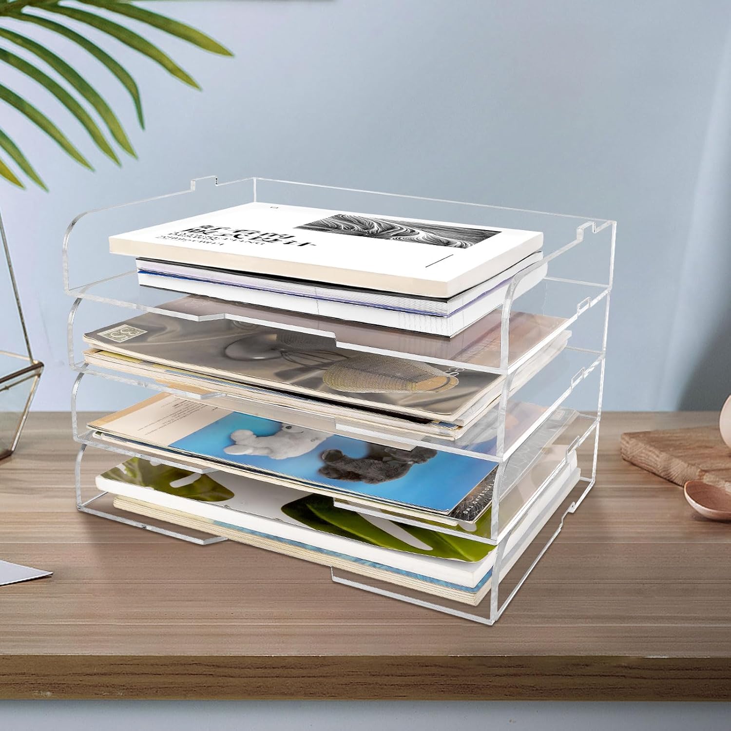 4 Pack- Stackable Paper Letter Tray,Clear Acrylic Magazine Holder and File Organizer - Sleek Desk Organizer for Home Office, Bookshelf, or Workspace - Space-Saving Transparent Document Holder
