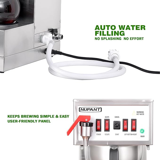 12 Cup Commercial Coffee Maker Auto Filling Drip Coffee Maker Machine with 3 Glass Carafes 3 Warmers Stainless Steel Pour Over Coffee Brewer with Hot Water Dispenser for Restaurant Office Cafe