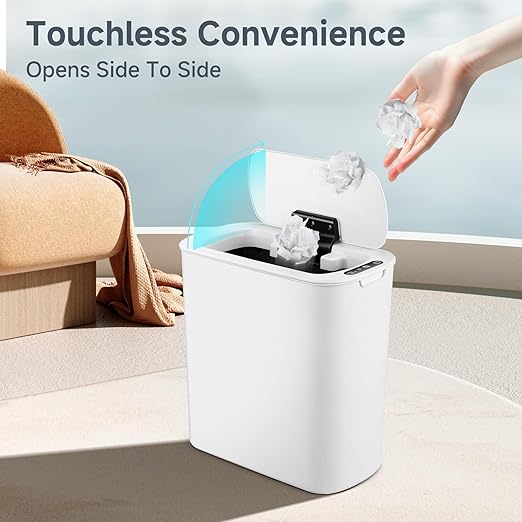 TIPGO Automatic Motion Sensor Bathroom Trash Can with Lid, 2.6 Gallon Touchless Trash Bin, Smart Garbage Can Plastic Slim Wastebasket for Bedroom, Office, Dorm (White)