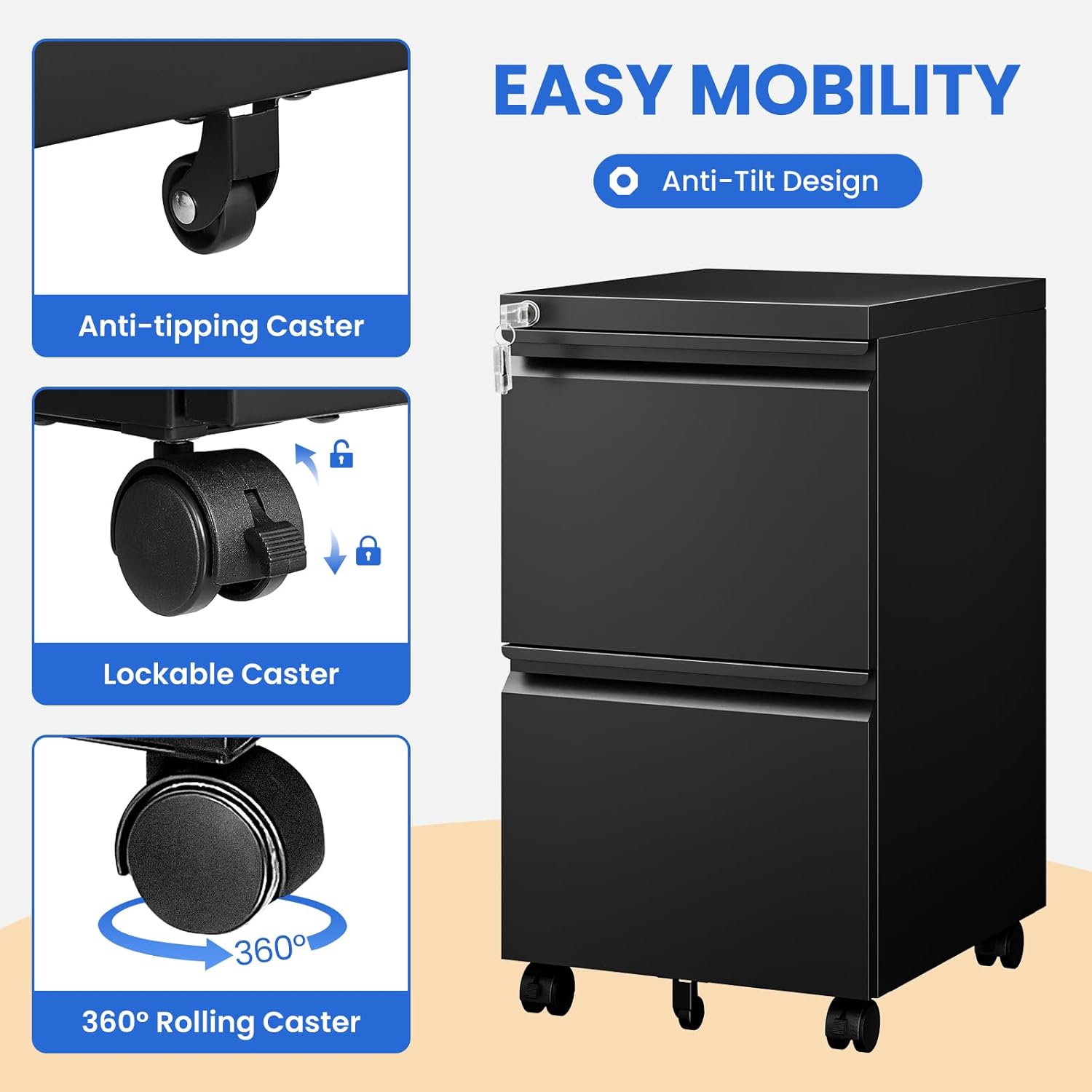 MIIIKO 2 Drawer File Cabinet on Wheels, Home Office Mobile File Drawers Under Desk, Filing Cabinets with Drawers for Legal/Letter/A4 File Folders(Black),Un-Assembled