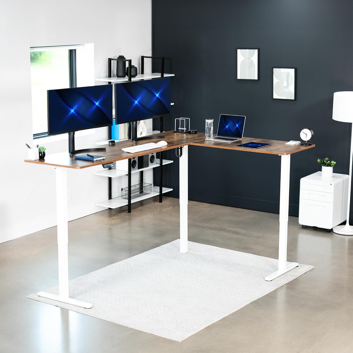 VIVO Electric Corner L-Shaped 84 x 63 in Rustic Standing Desk, Memory Height Adjustment, Vintage Brown Top White Frame, DESK-E3CTWN-84