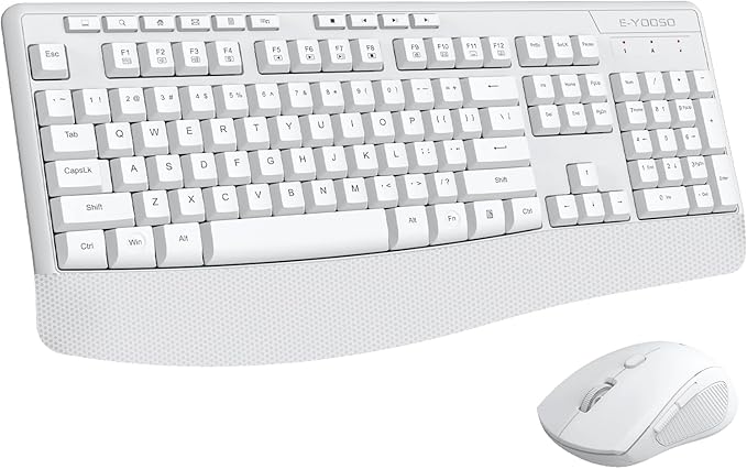 Wireless Keyboard and Mouse Combo, E-YOOSO 2.4GHz Full Sized Ergonomic Wireless Keyboard with Wrist Rest, 3 DPI Adjustable and 6 Buttons Cordless USB Mouse for Computer, Laptop, PC, Windows (White)