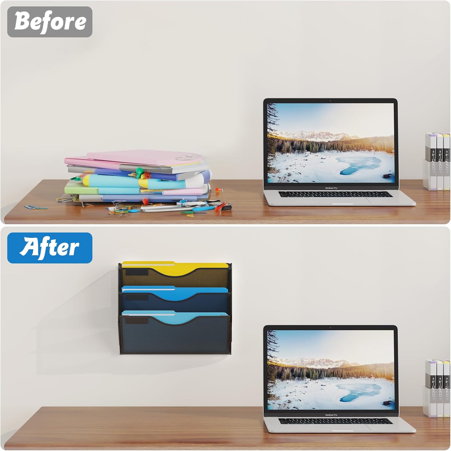 3 Tier Hanging Wall File Organizer, Mesh Mail Paper Orgnization Hanging File Folder Holder for Home Office, Black