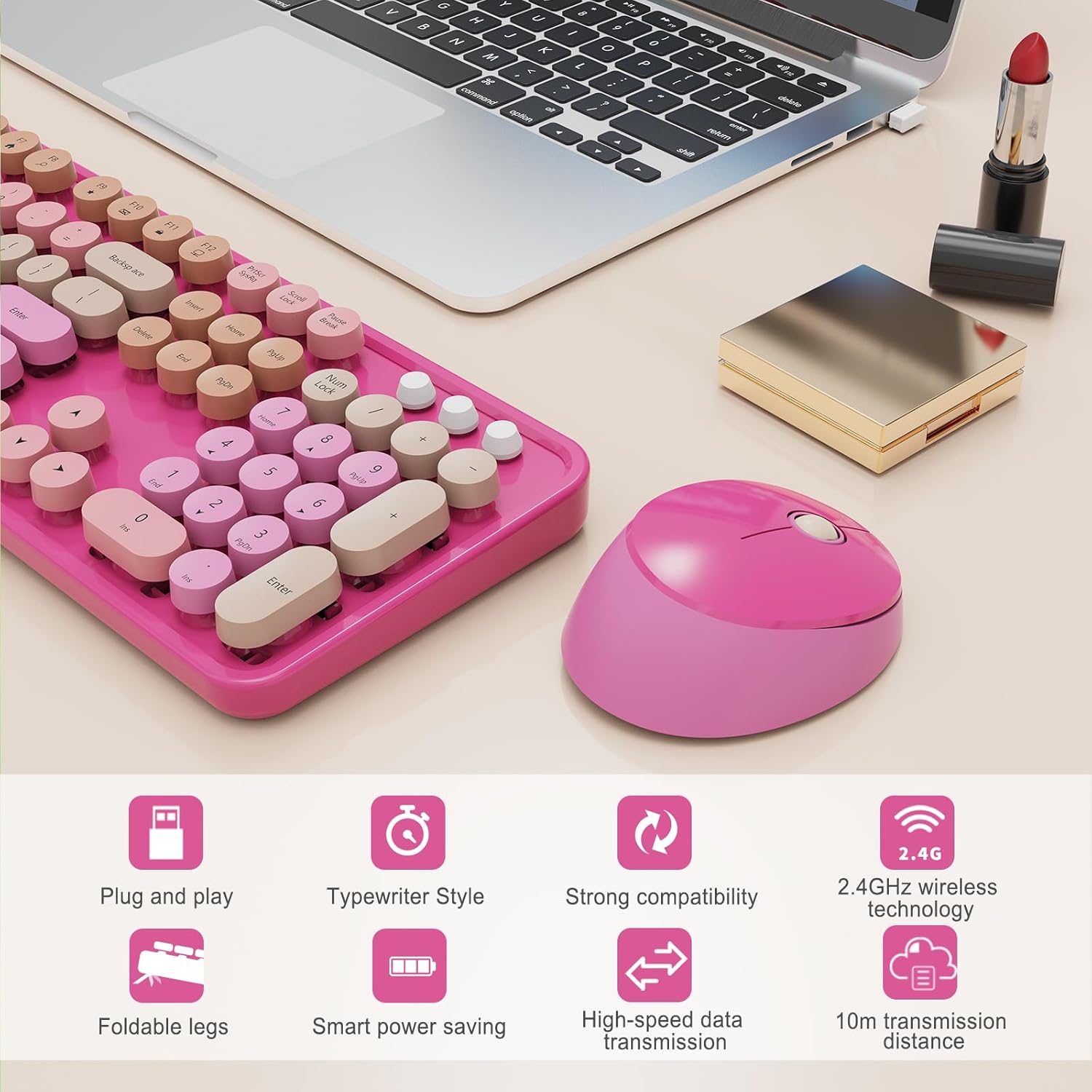 Wireless Keyboard and Mouse Combo, Ergonomic Full Size Typewriter Retro Round Keycaps Keyboard, Compatible with Windows, PC, Perfer for Home and Office Keyboards (Red)