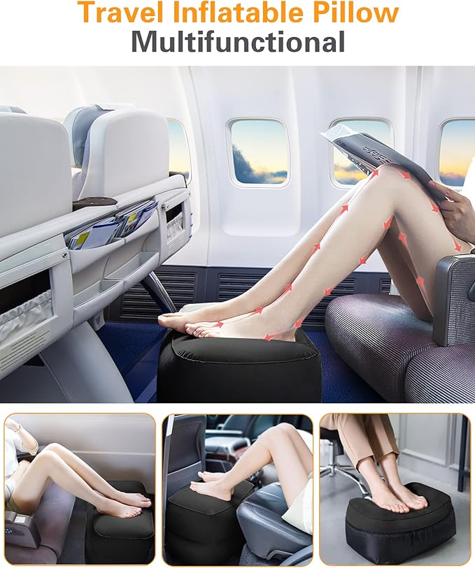 Sunany Inflatable Foot Rest Pillow , Adults Airplane Travel Pillow-Adjustable Height Cushions,for Kids to Sleep While Traveling,Suitable for Office, Home and Any Travel(Black)