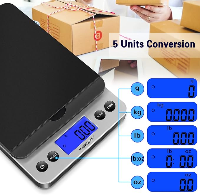 THINKSCALE Shipping Scale, 86lb Postal Scale with Hold and Tear Function, 5 Units, Auto-Off, Postage Scale for Packages Mailing Small Business, AC Adapter & Battery Included