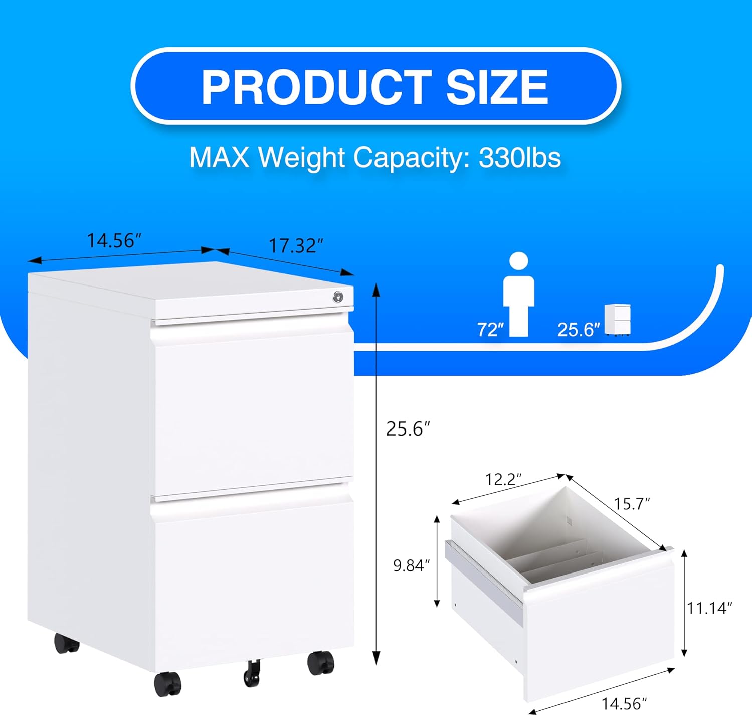 METAN Mobile Metal 2 Drawer File Cabinet with Lock, Rolling Cabinet for Both Legal and Letter Size Hanging Folders, Perfect File Storage for Home Office, Pre-Assembled Except 5 Casters,White