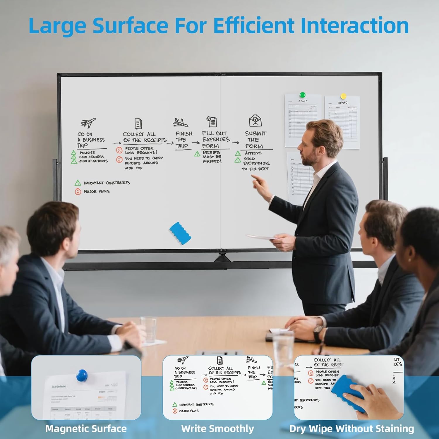 VOWNER Double-Sided Magnetic Whiteboard, 72" x 40" Large Mobile Dry Erase Board, Reversible Rolling White Board with Aluminum Frame & Stand, for Home Office, Classroom, School, Black
