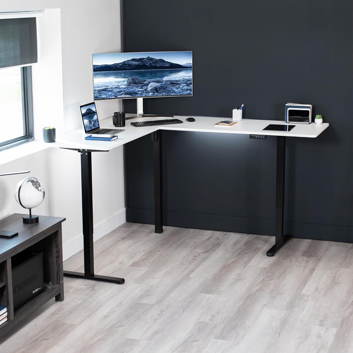 VIVO Electric Corner L-Shaped 75 x 63 in Rustic Standing Desk, Memory Height Adjustment, White Top Black Frame, DESK-E3CTBW-75