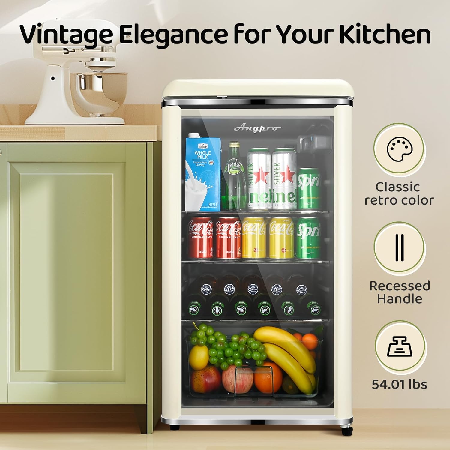 Small Beverage Refrigerator Cooler, 4.9 Cu.Ft Retro Mini fridge with Double Tempered Glass Door, 160 Can Wine Drink Beer Fridge for Office Bedroom Bar, 7 Temperatures and Adjustable Shelves