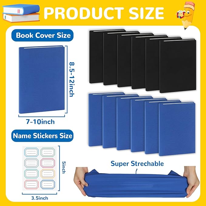 Jumbo Book Covers 12 Pack Reusable Fabric Book Cover Protective Book Covers 9 x 11 Inch Black and Blue Stretchable Book Sleeve Cover with Label Sticker for Most Hardcover Books Up to 10 x 12.5 Inch