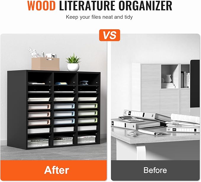 VEVOR Literature Organizers, 24 Compartments Office Mailbox with Adjustable Shelves, Wood Literature Sorter 29x12x24.4 inches for Office, Home, Classroom, Mailrooms Organization, EPA Certified Black