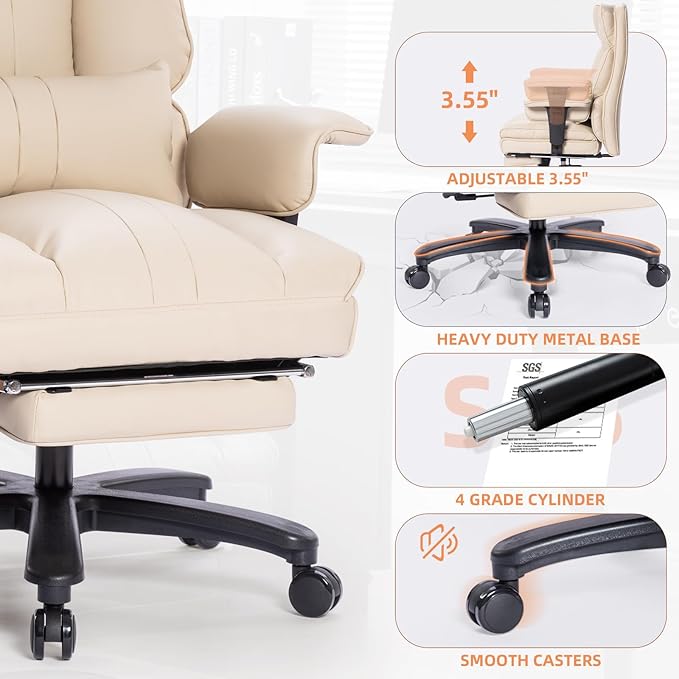 Big and Tall Office Chair 500lbs Wide Seat Executive Office Desk Chair High-Back Office Task Chair with Foot Rest, Ergonomic Lumbar Support Computer Office Chairs for Heavy People(Beige)