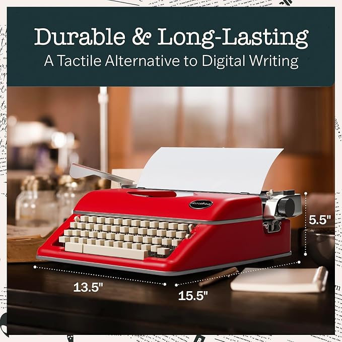Maplefield Vintage Manual Typewriter Machine - Red Typewriter for Writers & Authors - Antique Desk Decor & Office Accessory - Compact Design & Easy Setup