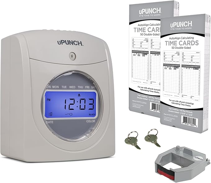 uPunch HN2500 Calculating Time Clock Bundle for Small Business: Auto Align Employee Time Tracking System with 100 Time Cards, Ribbon, and Keys
