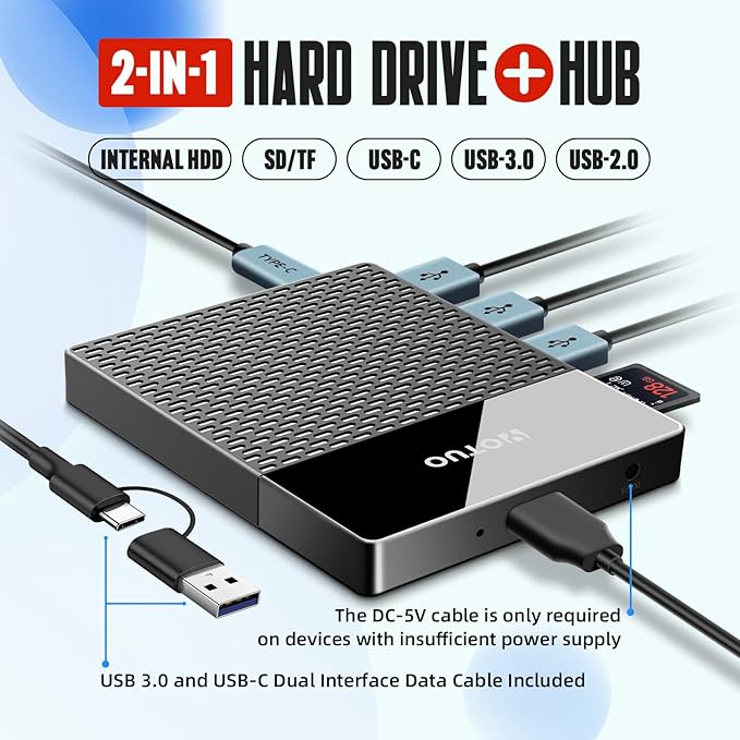 Portable Docking Station External Hard Drive 500GB Storage Hub, Multiport USB-C Huc + HDD 7-in-1, USB 3.0, SD/TF Card, HDD for Windows, Mac, Android, TV, Phone, Laptop, Desktop, PC