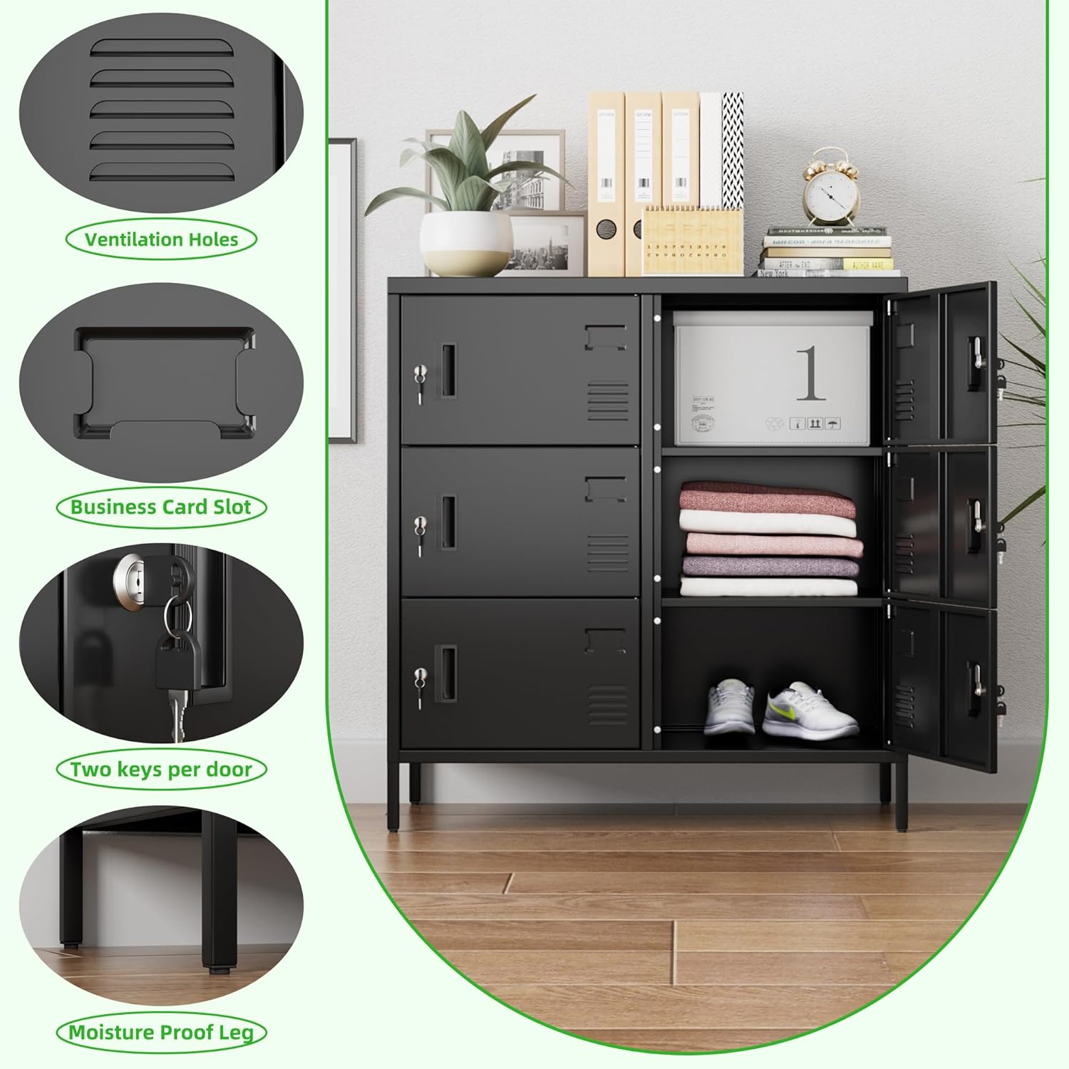 SUPEER 6 Doors Metal Storage Locker with Card Slot,Metal Locker for Employees with Keys and Ventilation Holes,Suitable for Office, Home, Bank, School,Gym,Requires Installation,Black