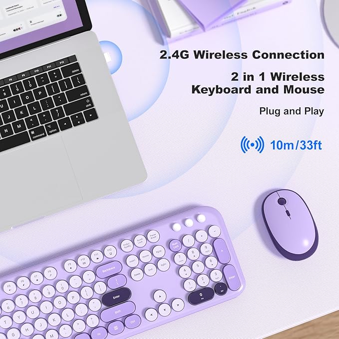 MOFII Wireless Keyboard and Mouse, Retro Typewriter Keyboard and Silent Mouse, 2.4GHz Full Size Keyboard and Mouse Wireless Combo for Laptop, PC, Desktop, Windows (Violet)