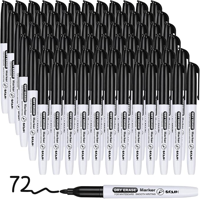SFAIH Fine Tip Dry Erase Markers - 72 Pack Black Whiteboard Erasable Markers Bulk for Kids Adults, Ideal for Classroom School Office Home Use on White Board, Non-Toxic Easy Clean