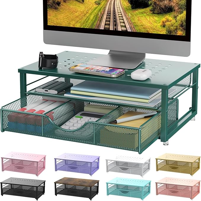 gianotter Computer Monitor Stand Riser, office organizer with Drawer, Office Organizers Storage for Classroom Office Supplies (Dark Green)