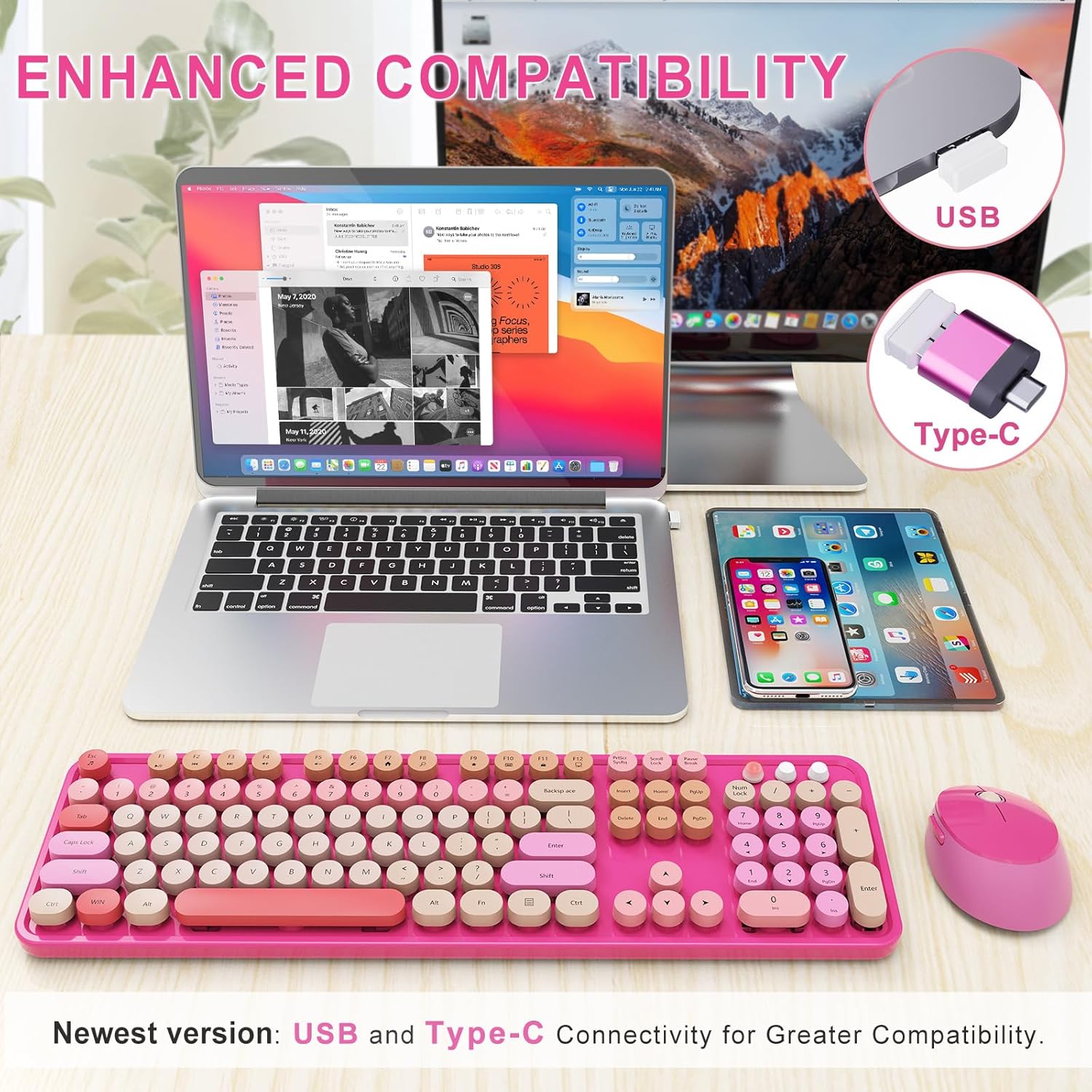 Wireless Keyboard and Mouse Combo, Ergonomic Full Size Typewriter Retro Round Keycaps Keyboard, Compatible with Windows, PC, Perfer for Home and Office Keyboards (Red)