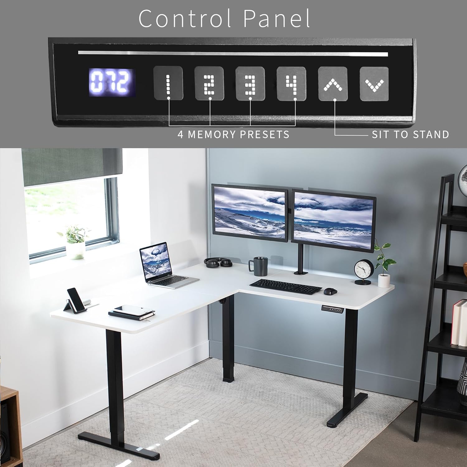 VIVO Electric Corner L-Shaped 63 x 55 in Standing Desk, Memory Height Adjustment, White Top Black Frame, DESK-E3CTBW