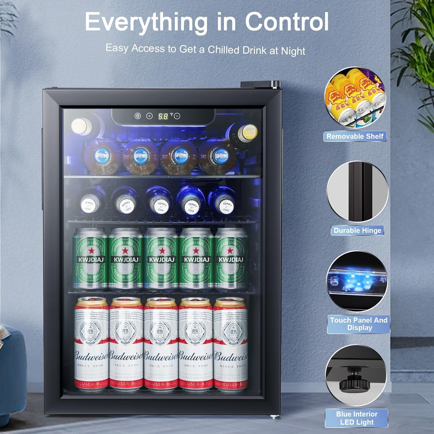 Antarctic Star Beverage Refrigerator Cooler-85 Can Mini Fridge Glass Door for Soda Beer Wine Stainless Steel Glass Door Small Drink Dispenser Digital Display for Home, Office Bar,2.6cu.ft