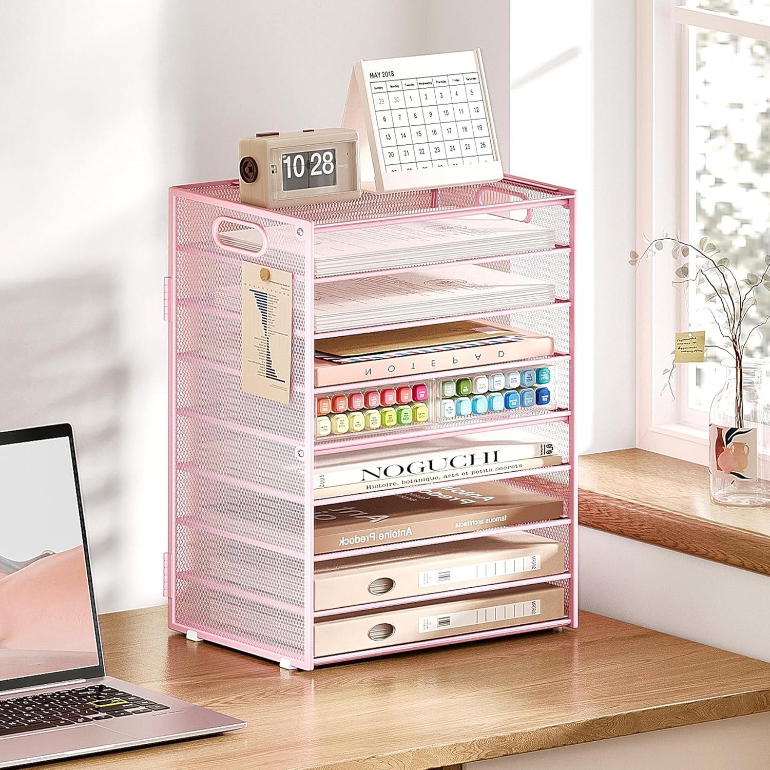 Subekyu 9 Tier Paper Letter File Tray Organizer for Desk, Pink Large Mesh Desk Folder Sorter Organizer with Handle, Include 6 Pcs Adjustable Height Slid Tray for Office Home School Supplies Storage