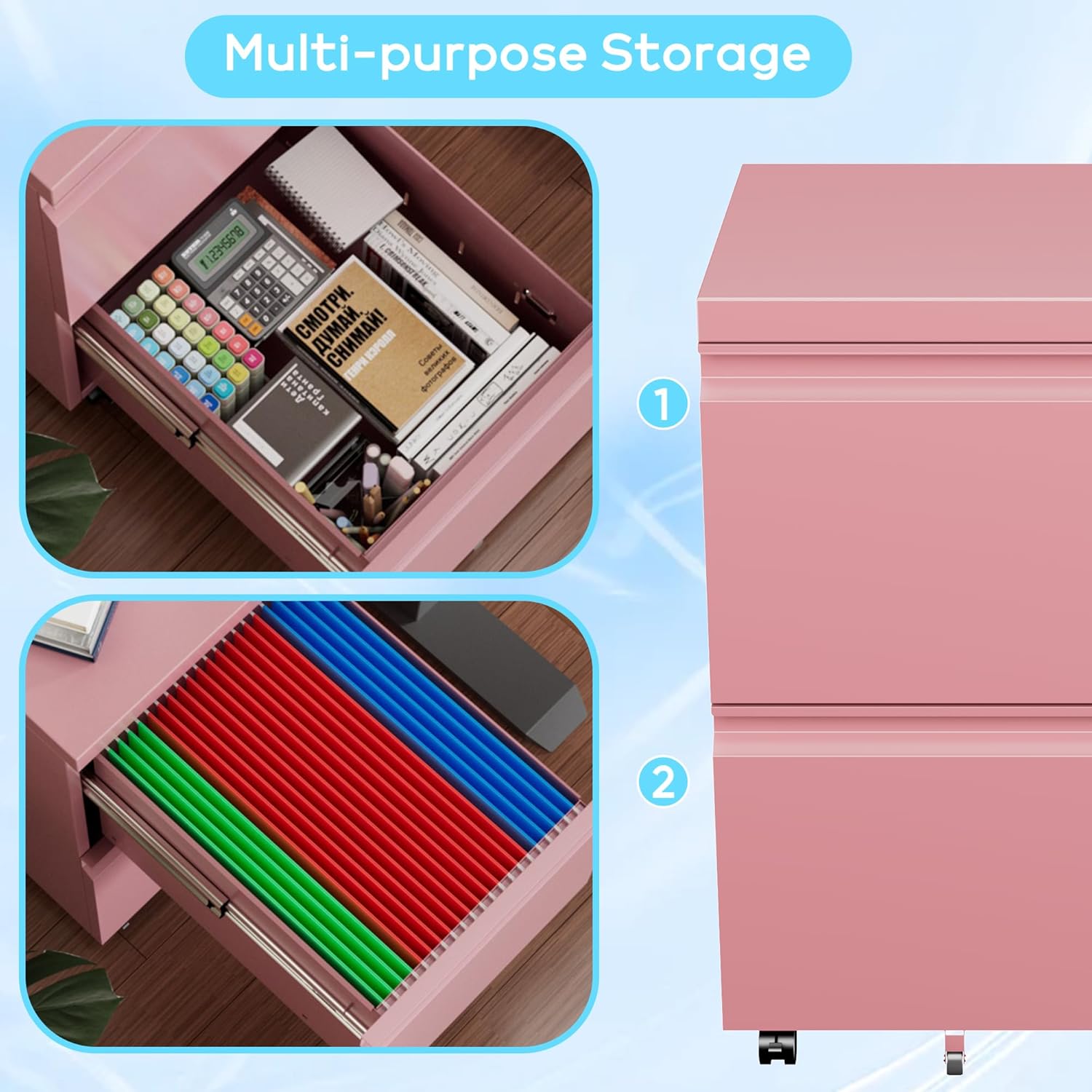 METAN 2 Drawer Vertical File Cabinet with Lock, Mobile Metal Filing Cabinet for Legal/Letter Size, Office Storage File Cabinet Under Desk, Fully Assembled Except Wheels,Pink