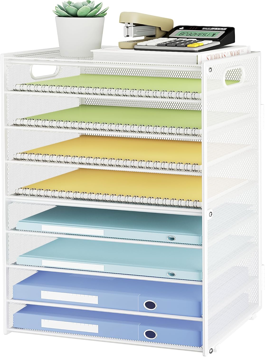 SUBEKYU 9 Tier Paper Letter Tray Desk Organizer with Handles - White Metal Mesh File Holder Paper Sorter Desk Organizer for Office Home School, Include 6 Pcs Adjustable Slid Tray, 6 Colors Available
