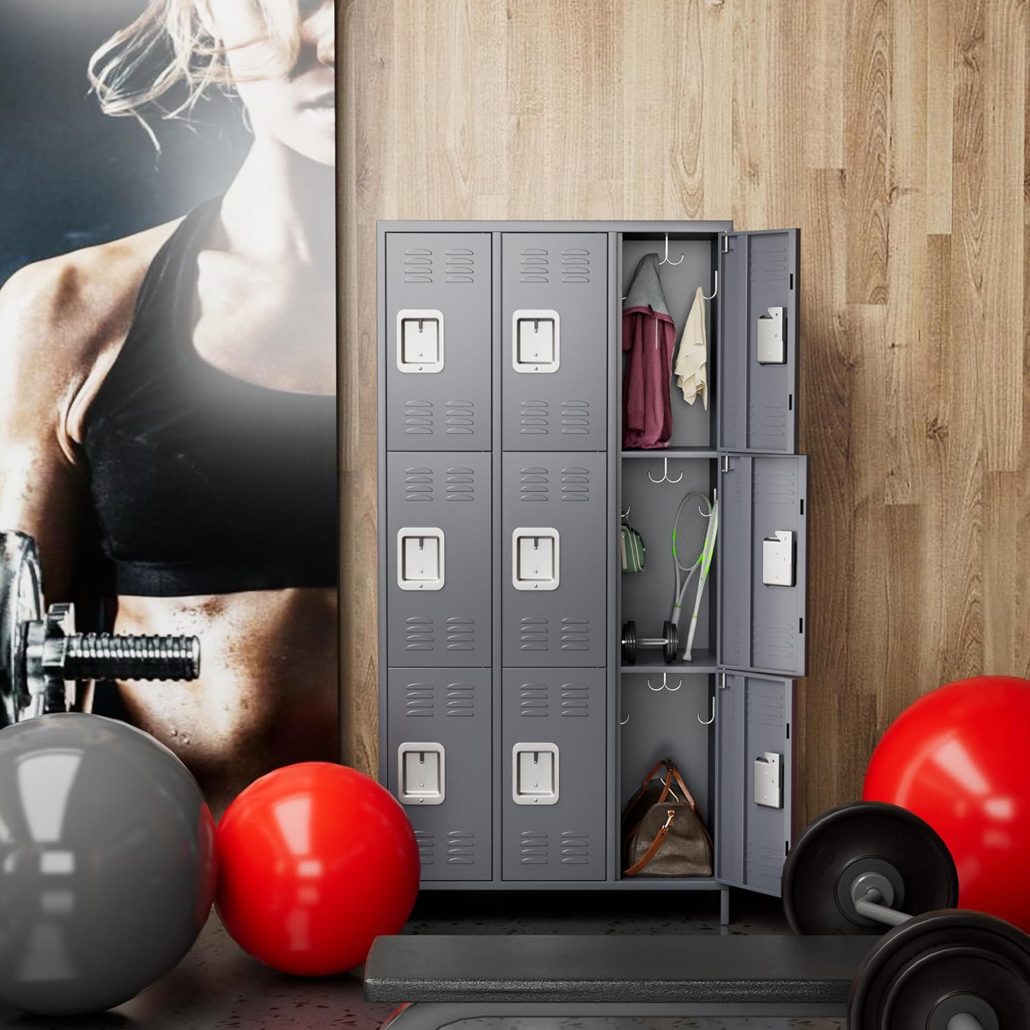 Metal Lockers for Employees with Lock,9 Doors Metal Storage Locker with 18 Hooks,Steel Storage Locker for School Office Gym Bedroom,Assembly Required (9 Door-Dark Grey)