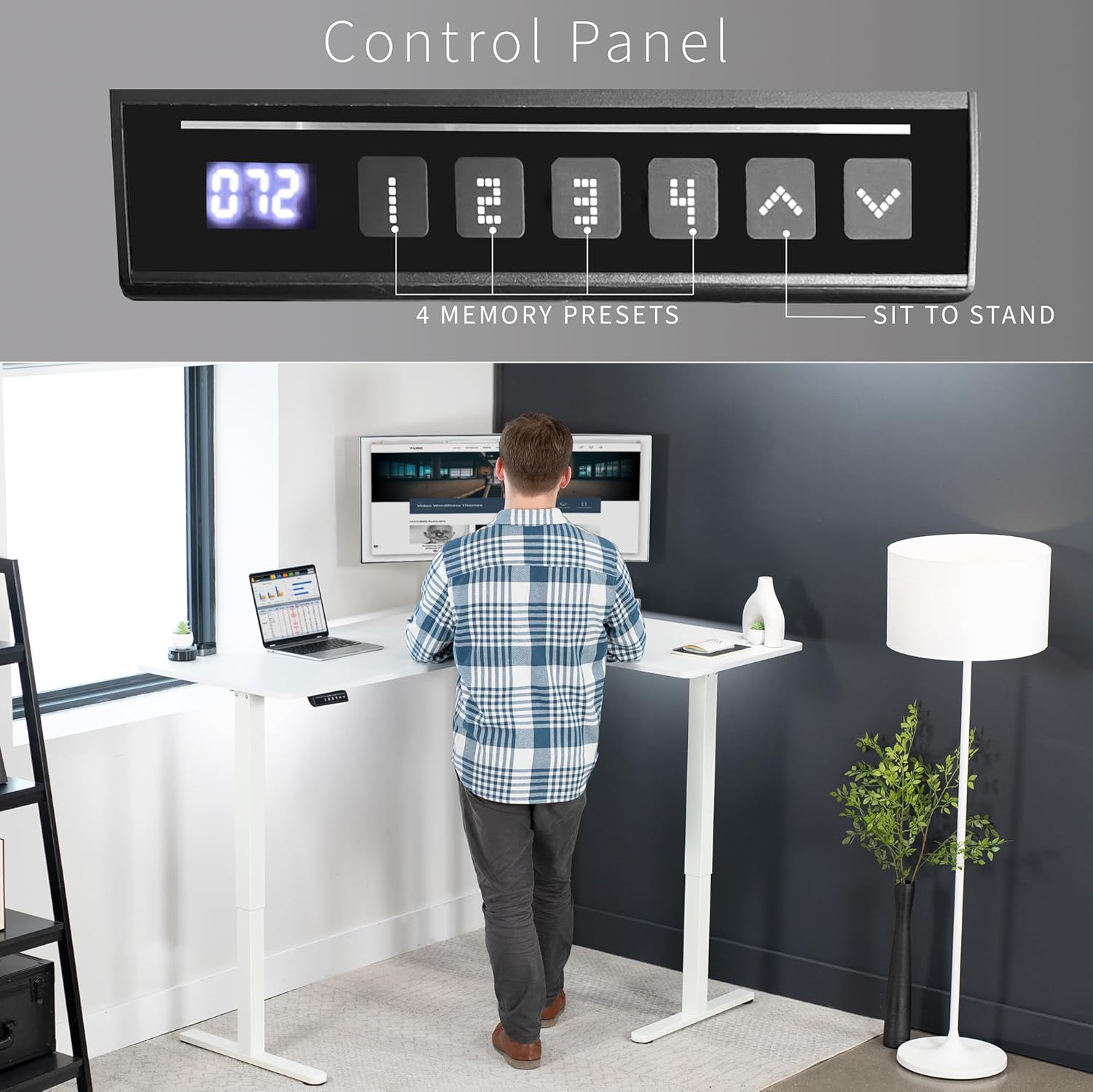 VIVO Electric Corner L-Shaped 63 x 47 in Standing Desk, Memory Height Adjustment, White Top White Frame, DESK-E3CTW-47