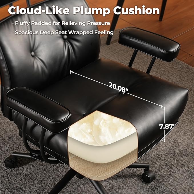 ovios Ergonomic Home Office Chair, Mid-Century Modern Faux Leather Chairs with Thickened Cushions, Comfy High Back Swivel Rolling Executive Computer Armchair (Black, PU Leather)