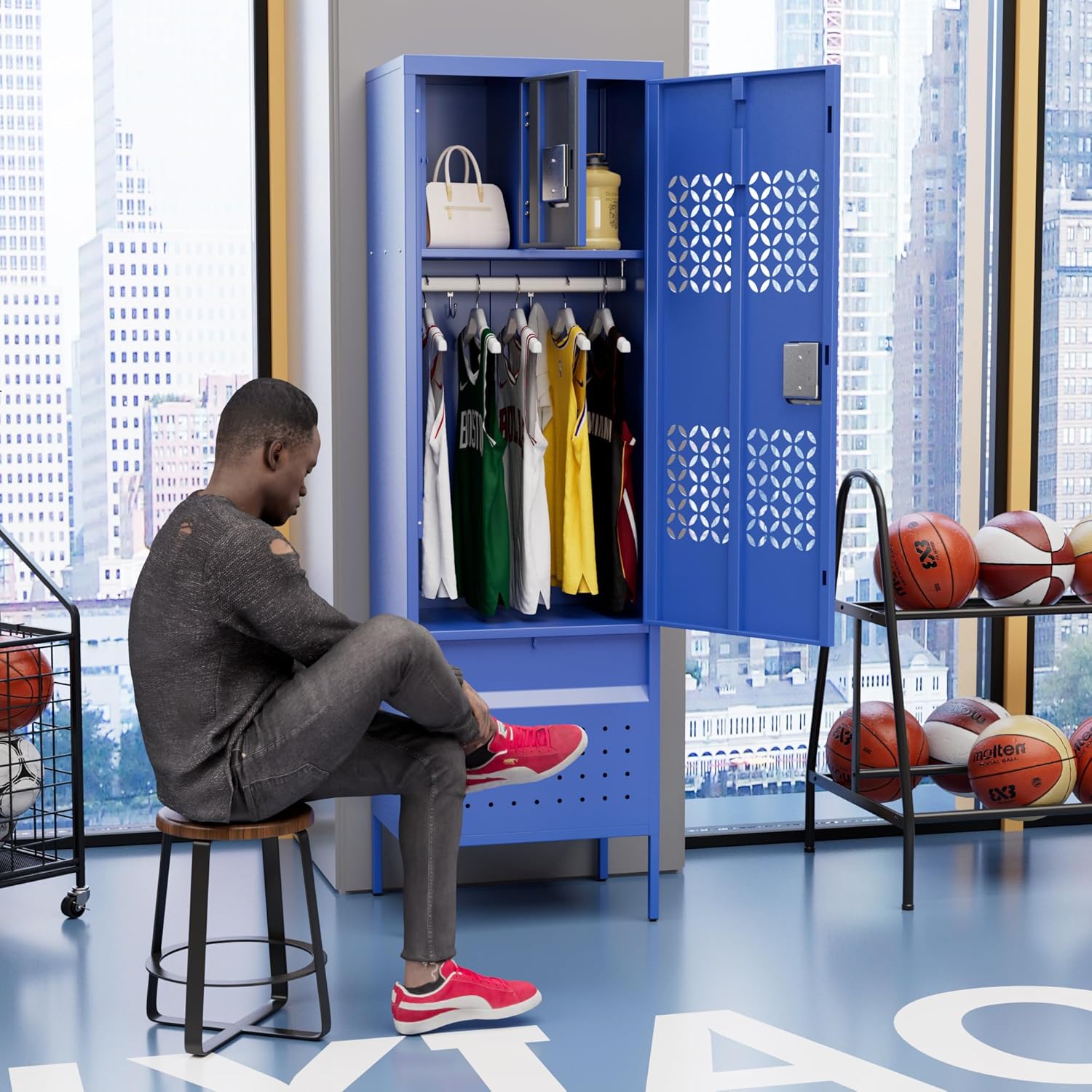 Locking Metal Locker with Hanging Rod,1 Door Metal Storage Locker for Gym,Basketball Gym,Gymnasiums,Utility Room,Assembly Required,Blue