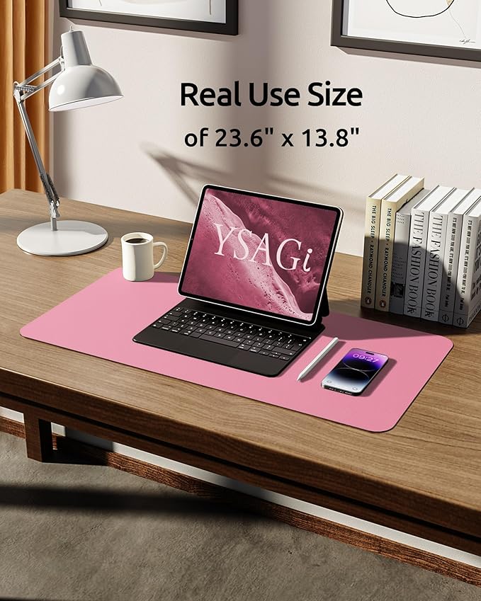 YSAGi Leather Desk Pad Protector, Large Mouse Pad, Non-Slip PU Leather Desk Blotter, Laptop Desk Pad/Mat, Waterproof Writing Pad for Office and Home (23.6" x 13.8", Pink)