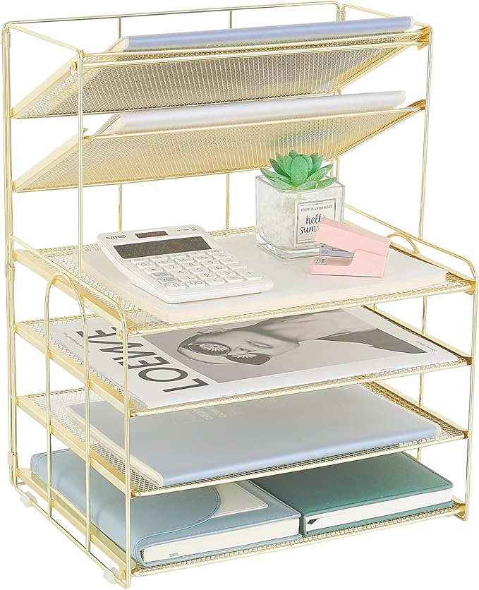 6-Tier Letter Tray Paper Organizer, Desk Organizers and Accessories, Desktop File Organizer, Office Desk Accessories for Office Supplies (Gold)