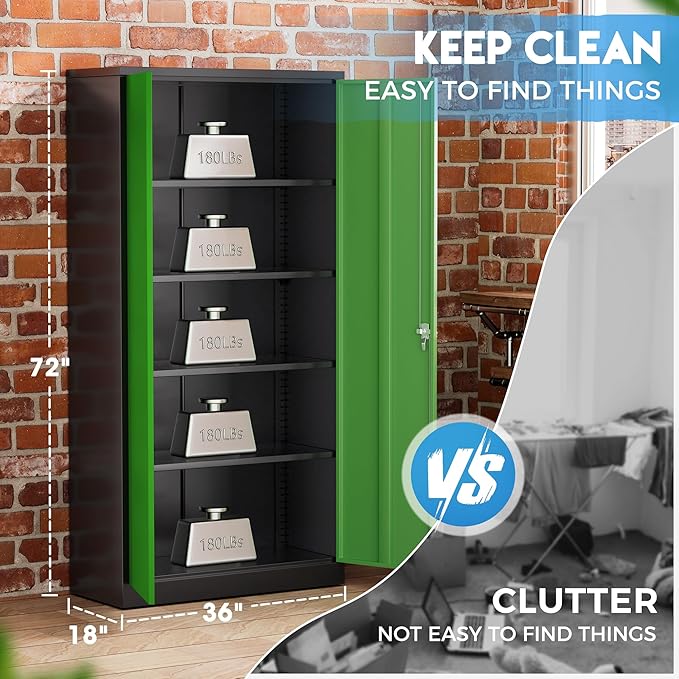Greenvelly Metal Storage Cabinet,72" Steel Storage Cabinets with Doors and Adjustable Shelves, Metal Tool Cabinets, Locking File Cabinet for Home Office, Garage, School (Black Green36 Wx18 D)