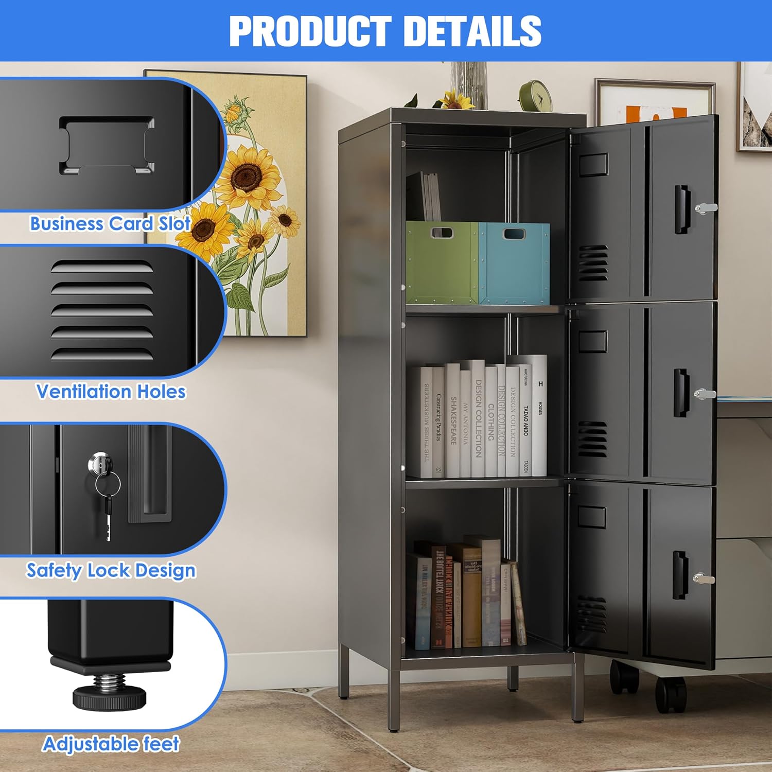 Metal Locker with Ventilation Holes, Metal Storage Cabinet with Lock and Card Slof for Home,School, Office, Gaeage,47.3" H x 15.8" W x 15.8" D,Assembly Required,Black