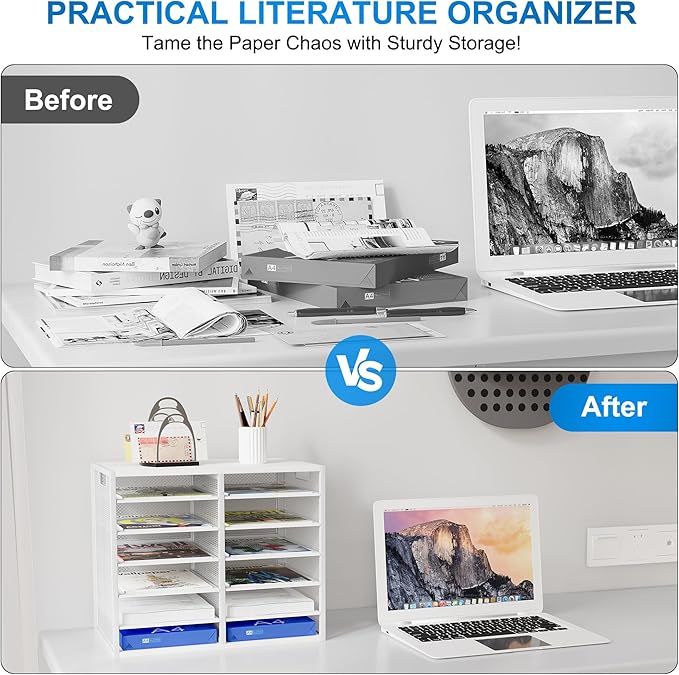 Mail Sorter for Desk, Countertop Literature Organizer, Student Mailbox for Classroom, Desktop Bill Paper Holder Rack for Office Home School, 12 Compartments, White