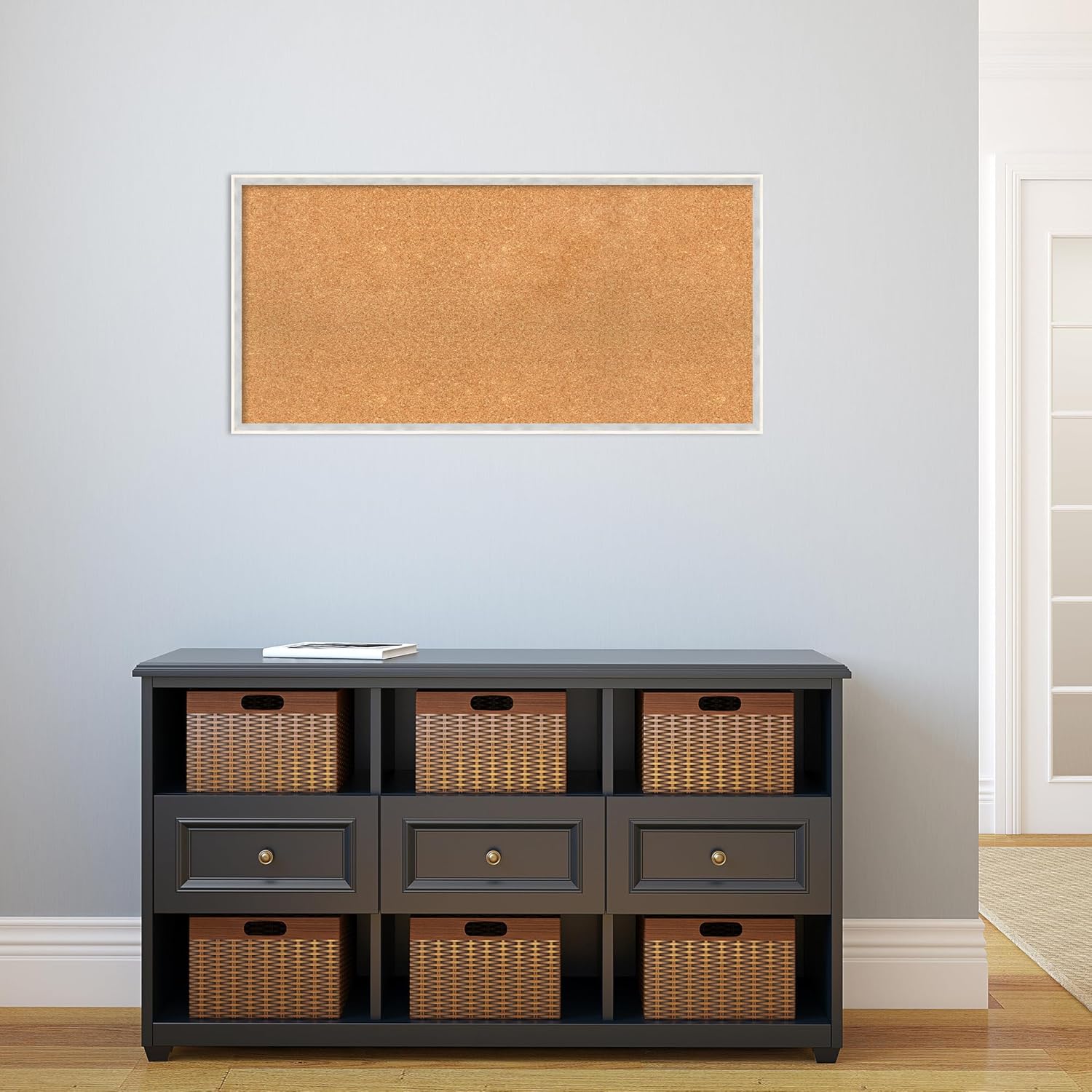 Amanti Art Natural Cork Board for Wall, 19x39 Vision Board with White Frame, Large Corkboard Office Decor for Home Organization, Modern Corkboard Pinboard to Display Items for Home Organization in