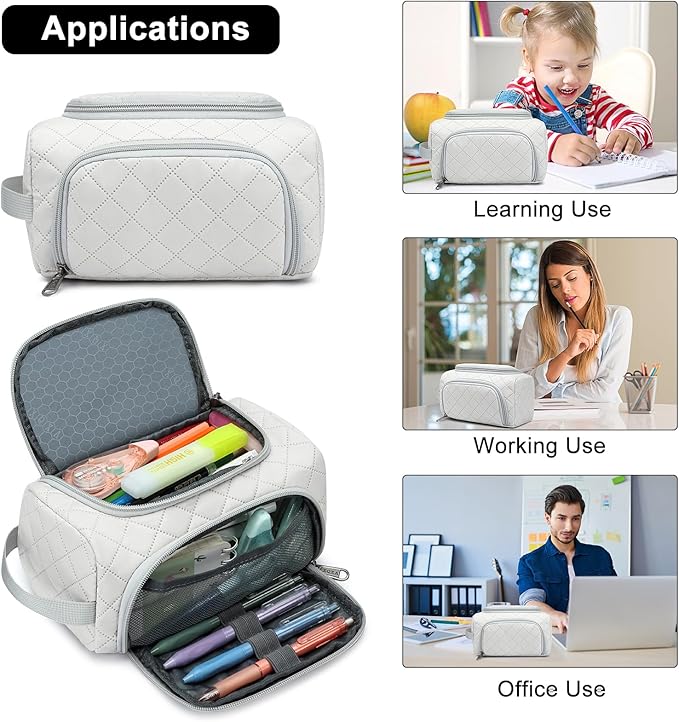 XQXA Extra Large Capacity Pencil Case Organizer, Multifunctional Pencil Pouch with Compartmens, Travel Pen Pouch Simple Stationery Pen Bag, Nylon Pencil Bag for Adults (Beige)