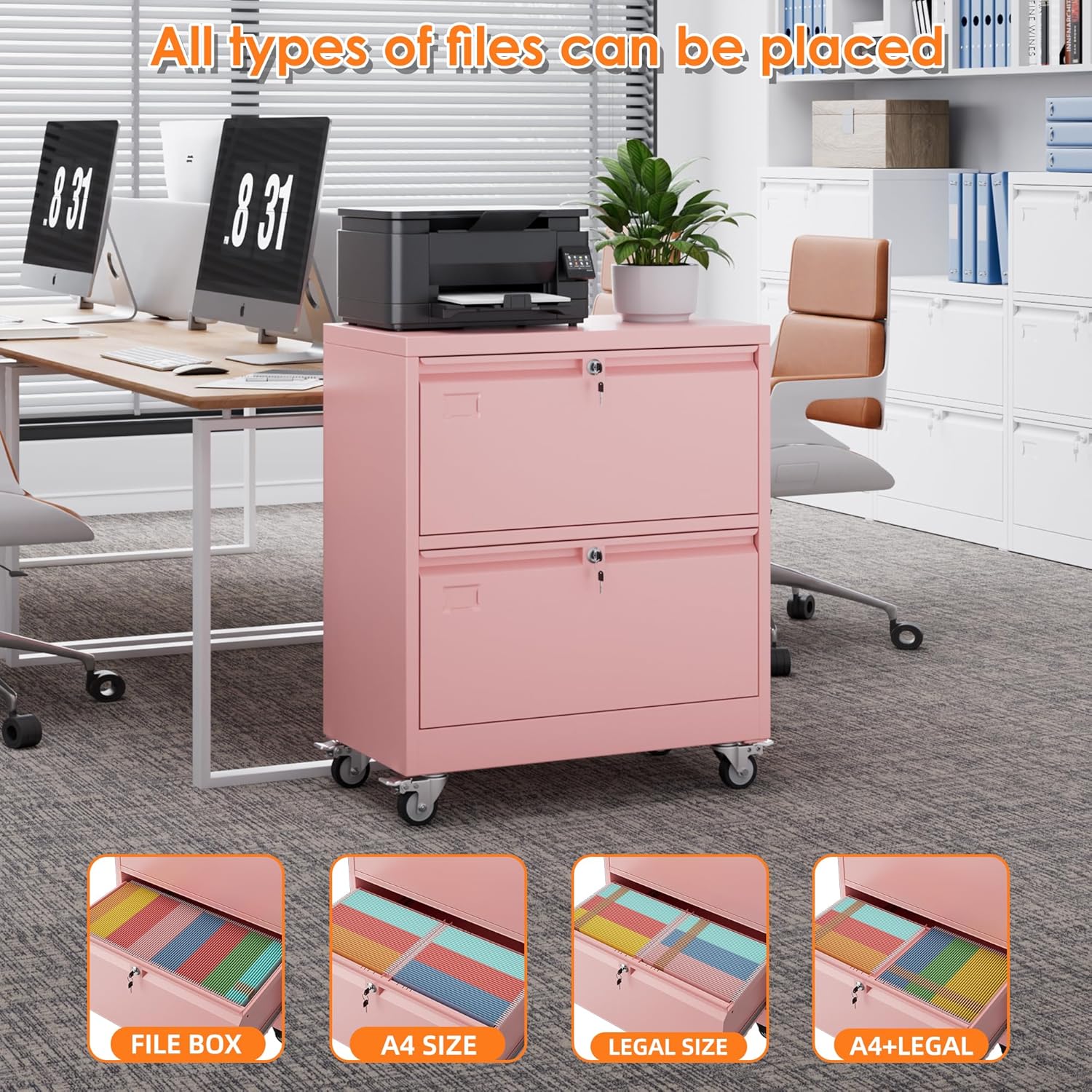 METAN Upgrade 2 Drawers Lateral File Cabinet on Wheels,Steel Office Filing Storage Cabinet with 2 Locks,Assembly Required,Pink